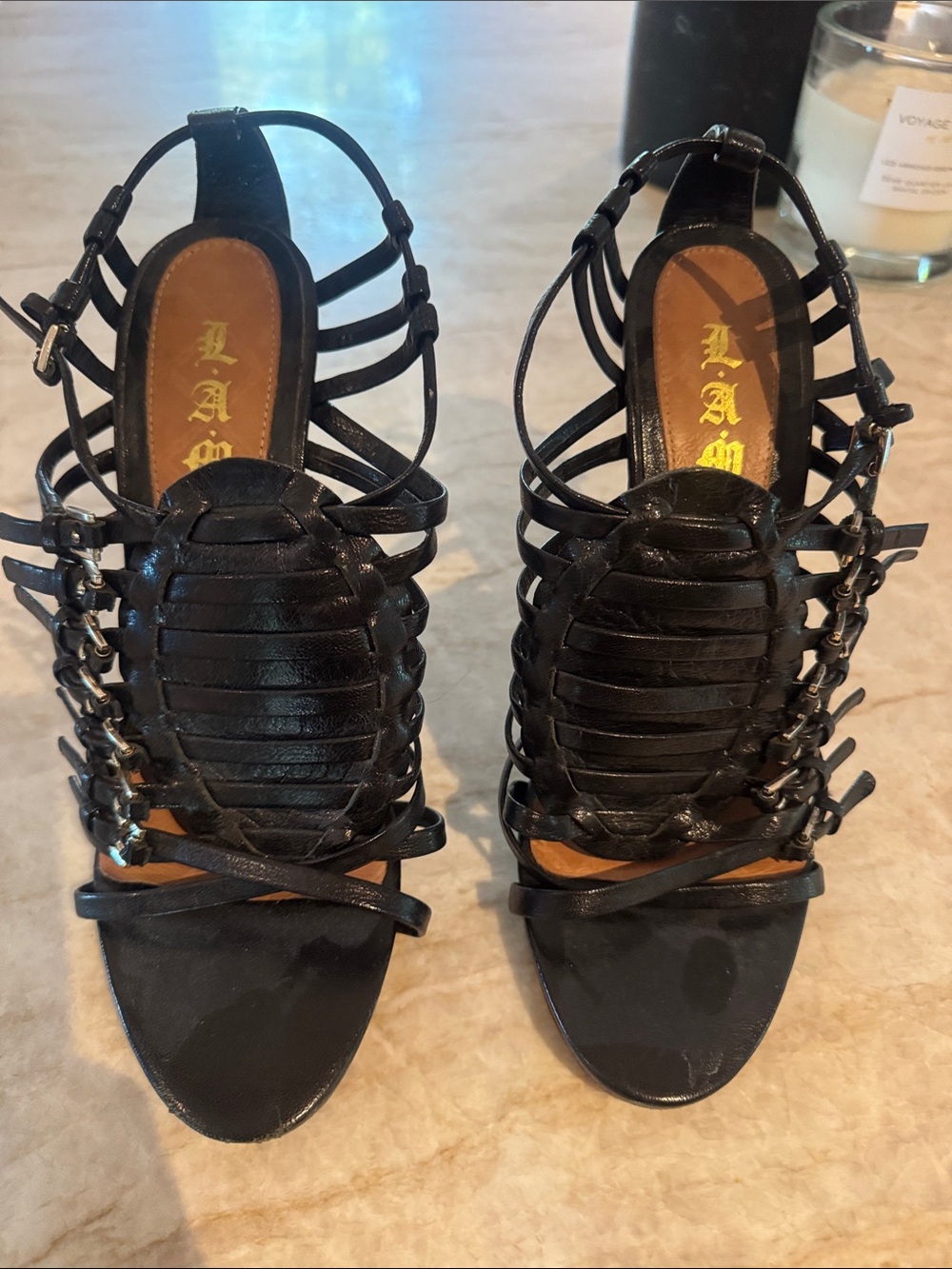 L.A.M.B. Black Strappy Cage Heels